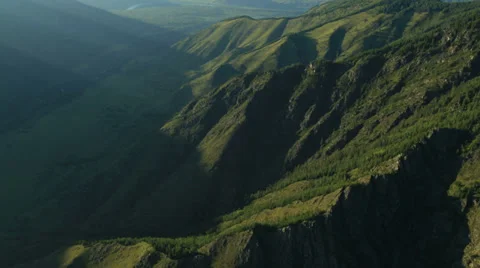 Aerial View. Flying over the Mountains and Forest Valley. Altai, Siberia. Stock Footage 34374820