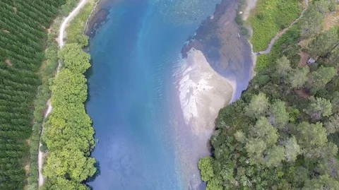 Aerial View: Flying over New Zealand river and forest Stock Footage