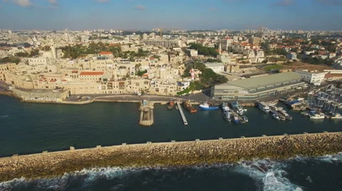Aerial View, Flying Over Old Jaffa Port, Tel-Aviv Skyline and the Sea Видео 64910619