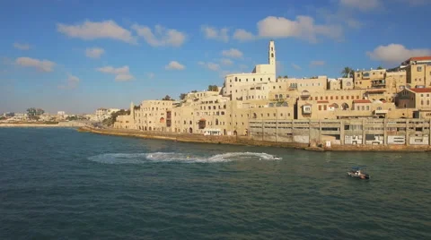 Aerial View, Flying Over Old Jaffa Port, Tel-Aviv Skyline and the Sea Vidéo 64910885