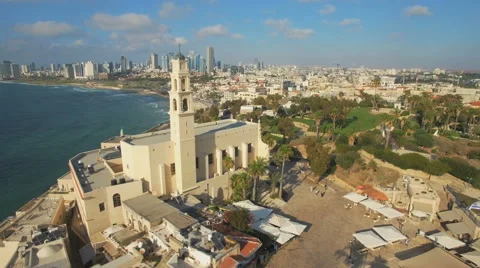 Aerial View, Flying Over Old Jaffa Port, Tel-Aviv Skyline and the Sea Vidéo 64911926