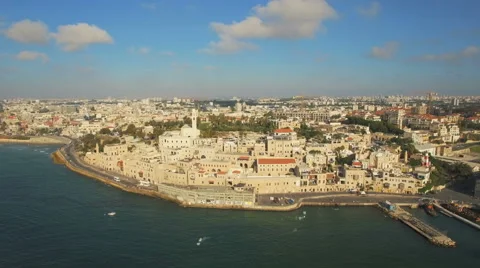 Aerial View, Flying Over Old Jaffa Port, Tel-Aviv Skyline and the Sea Видео 64920788