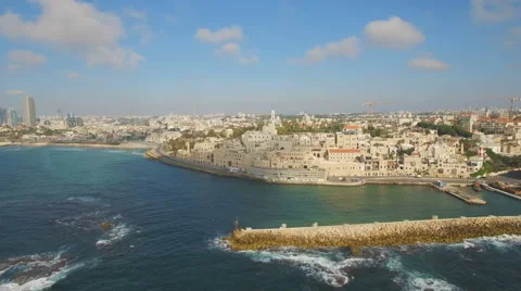 Aerial View, Flying Over Old Jaffa Port, Tel-Aviv Skyline and the Sea Видео 64927063