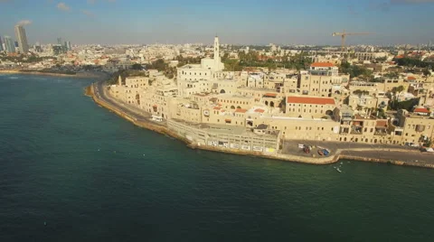 Aerial View, Flying Over Old Jaffa Port, Tel-Aviv Skyline and the Sea Видео 64930036