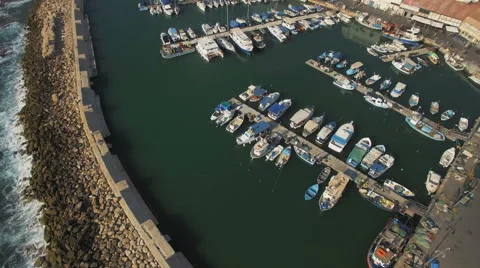 Aerial View, Flying Over Old Jaffa Port, Tel-Aviv Skyline and the Sea Vidéo 64930170