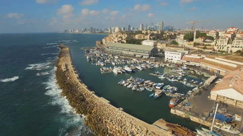 Aerial View, Flying Over Old Jaffa Port, Tel-Aviv Skyline and the Sea Видео 64937613