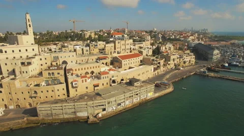 Aerial View, Flying Over Old Jaffa Port, Tel-Aviv Skyline and the Sea Видео 64939293