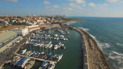 Aerial View, Flying Over Old Jaffa Port, Tel-Aviv Skyline and the Sea Видео 64943548