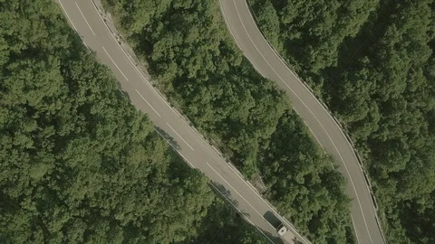 Aerial view flying over old patched two lane forest road. Stock Footage 86765906