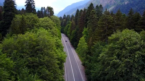 Aerial view flying over old patched two lane forest road Stock Footage 87827882