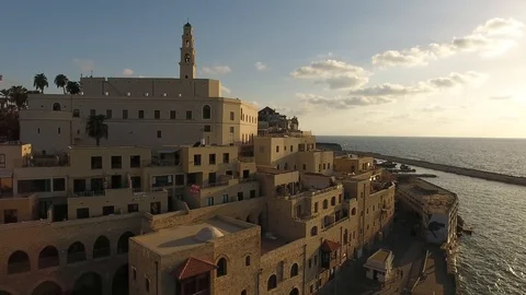 Aerial View, Flying Over Old Jaffa Port, Tel-Aviv Skyline And The Sea Stock Footage 90141432