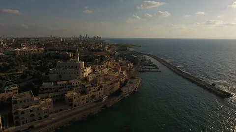 Aerial View, Flying Over Old Jaffa Port, Tel-Aviv Skyline And The Sea Stock Footage 90148530