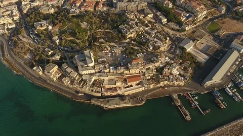 Aerial View, Flying Over Old Jaffa Port, Tel-Aviv Skyline And The Sea Stock Footage 90155419