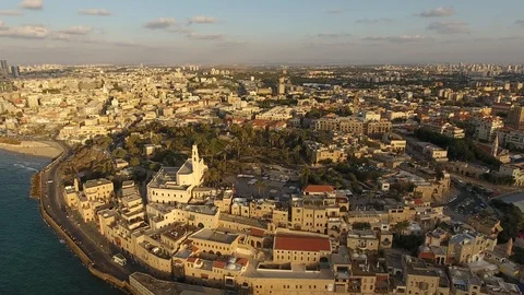 Aerial View, Flying Over Old Jaffa Port, Tel-Aviv Skyline And The Sea Stock Footage 90156231