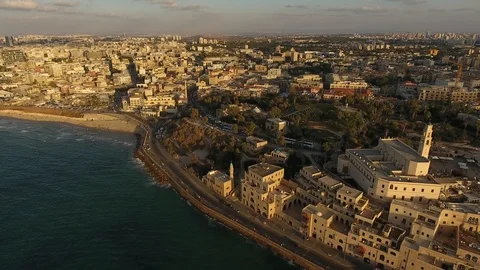 Aerial View, Flying Over Old Jaffa Port, Tel-Aviv Skyline And The Sea Stock Footage 90157977
