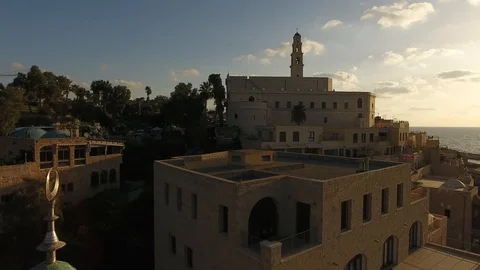 Aerial View, Flying Over Old Jaffa Port, Tel-Aviv Skyline And The Sea Stock Footage 90160033