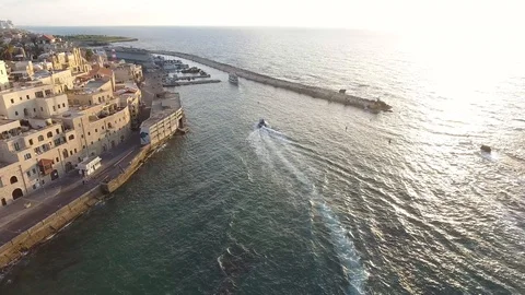 Aerial View, Flying Over Old Jaffa Port, Tel-Aviv Skyline And The Sea Video stock 90165487