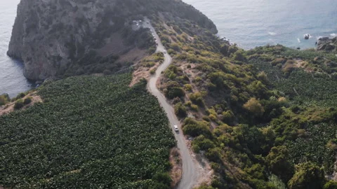 Aerial view flying over old patched two lane forest road with car moving Stock Footage 130404947
