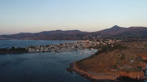 Aerial view. Flying over. Perdika harbor on Egina island in Greece. 스톡 동영상 98201745