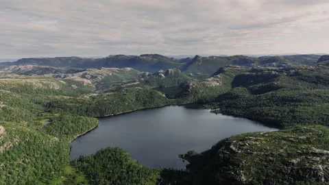 Aerial view flying over a pristine lake and green forest landscape Stock Footage 318557562