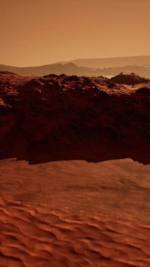 Aerial view flying over the red Martian desert surface on Mars Stock Footage 282054829