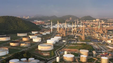 Aerial view of flying over refinery plant Stock Footage 128370518
