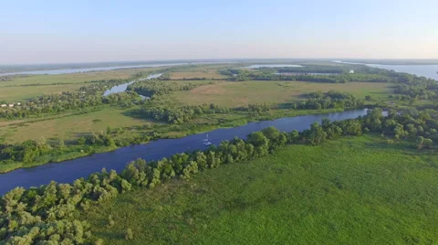 Aerial view. Flying over the river, reeds and trees Stock Footage 67627358