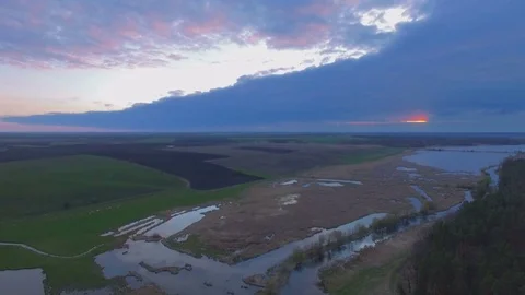 Aerial View. Flying over the River near pine forest Stock Footage 74630951