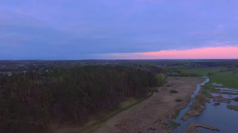 Aerial View. Flying over the River near pine forest Stock Footage 74631445