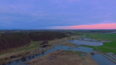 Aerial View. Flying over the River near pine forest Stock Footage 74631658