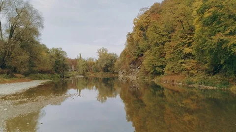 Aerial view: Flying over the river. Incredible autumn landscape Stock Footage 97274807