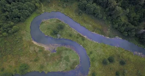 Aerial view. Flying over the river. Head over shot Video stock 97440973