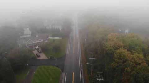 Aerial View: Flying Over Road. Upstate New York. Foggy Morning. Stock Footage