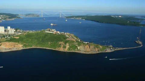 Aerial View. Flying over the seacoast. Harbor of the Vladivostok city. Stock Footage 34697977