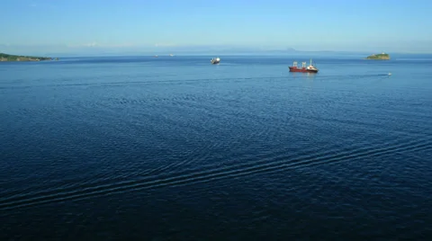 Aerial View. Flying over the seacoast. Harbor of the Vladivostok city. Stock Footage 34707187