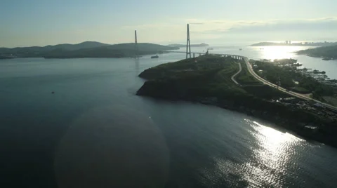 Aerial View. Flying over the seacoast. Harbor of the Vladivostok city. Stock Footage 34711357