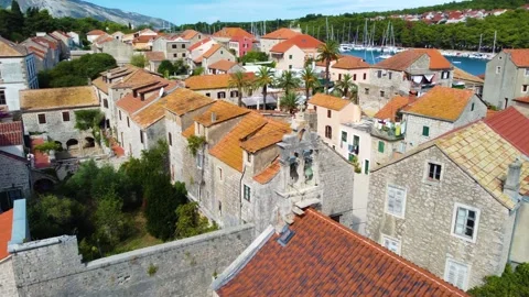 Aerial view flying over stari grad on hvar island in croatia Stock Footage 339847388