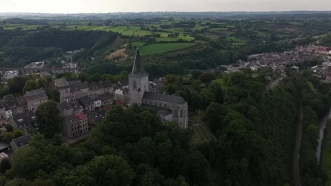 Aerial view flying over thuin's belfry and the sambre valley Stock Footage 336610976