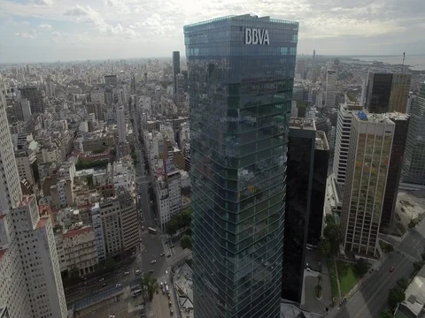 Aerial view flying over the Torre BBVA Building. Buenos Aires Argentina. Shot in Stock Footage 77741556
