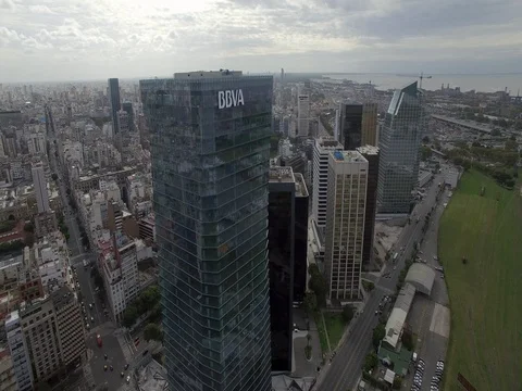 Aerial view flying over the Torre BBVA Building. Buenos Aires Argentina. Shot in Stock Footage 77741566