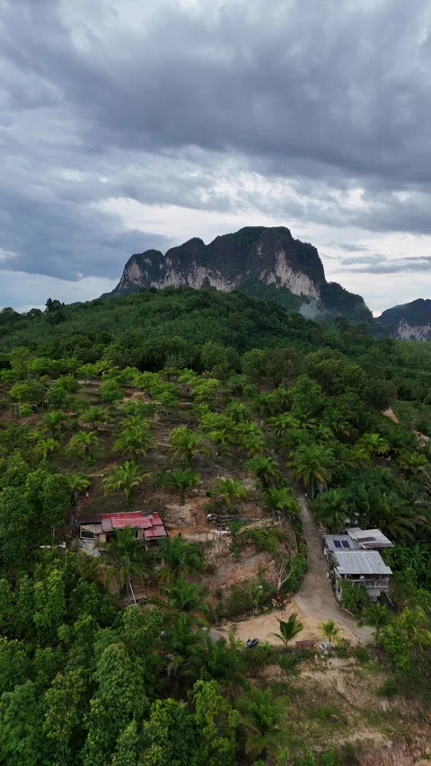 Aerial View Flying Over Tropical Forest and Mountain Village in Ao Nang, Krabi, Stock Footage 335961990