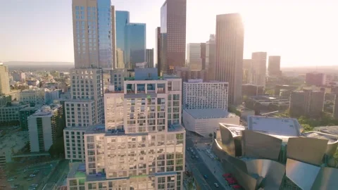 Aerial view flying through the heart of Los Angeles Downtown Stock Footage 163605059
