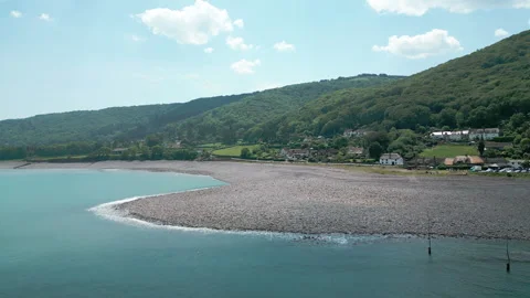 Aerial View Flying towards Beach at Porlock Weir Stock Footage 336194918