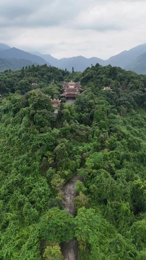 Aerial View Flying Towards Buddhist Temple in a Lush Green Forest in Hue, Stock Footage 335846037