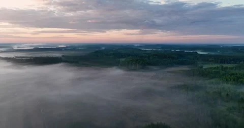 Aerial view of fog over fields and forest in Finland Stock Footage 258238623