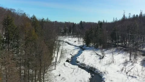 Aerial view following the small stream slowly melting in the spring 動画素材 164422053