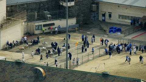 Aerial view Folsom Prison jailed prisoners incarcerated USA Stock Footage