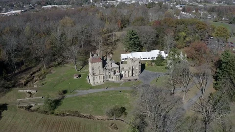 Aerial view of Fonthill Castle in Doylestown, PA 4K Stock Footage