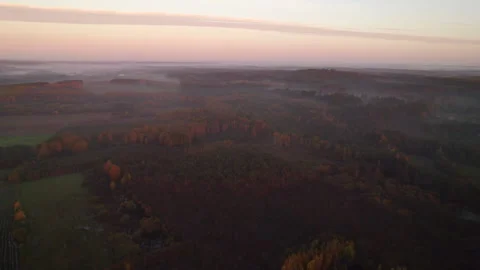 Aerial view of forest and fields with foggy morning light 動画素材 348583457