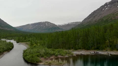 Aerial view of the forest and river at Putorana plateau Stock Footage 170005797